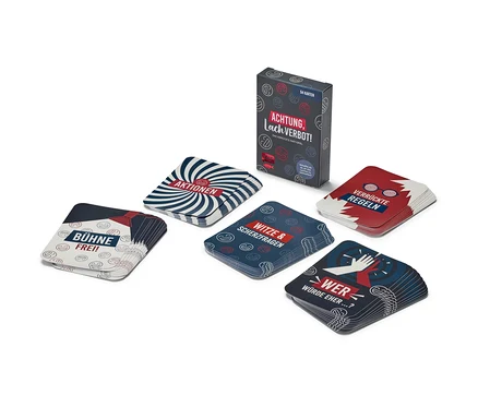 Jeu de cartes « Achtung, Lachverbot! » (Attention, interdit de rire !, en allemand).
