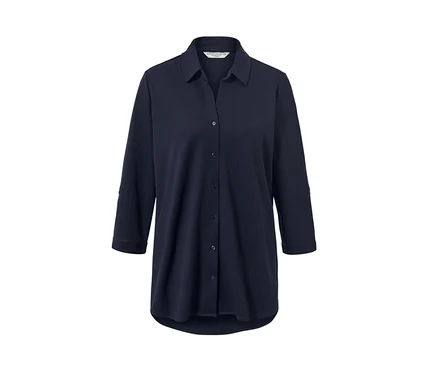 Chemisier en jersey piqué bleu foncé avec boutons et manches trois-quarts.