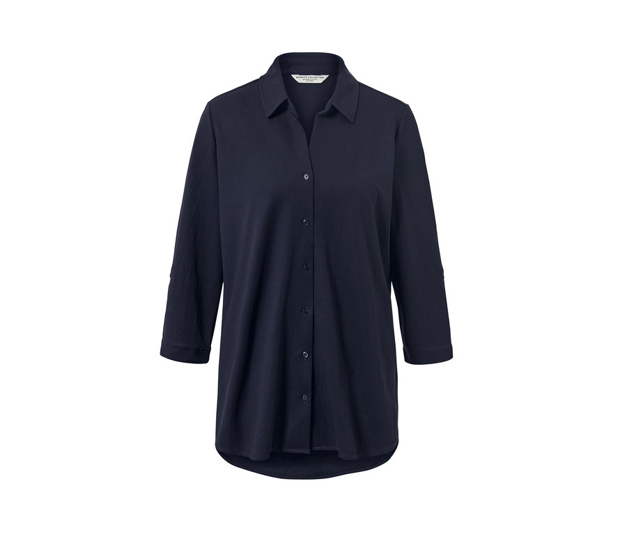 Chemisier en jersey piqué bleu foncé avec boutons et manches trois-quarts.