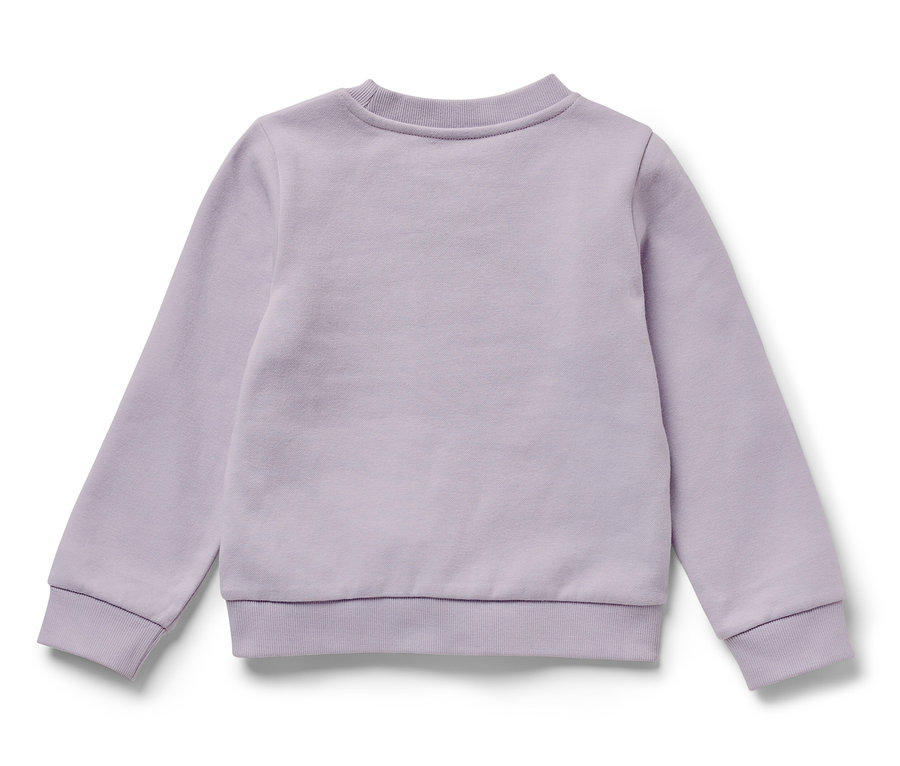Un sweat-shirt pour enfant violet avec intérieur gratté et motif cygne est posé sur un fond blanc.