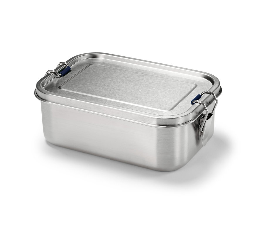 Boîte repas à emporter en acier inoxydable argenté.