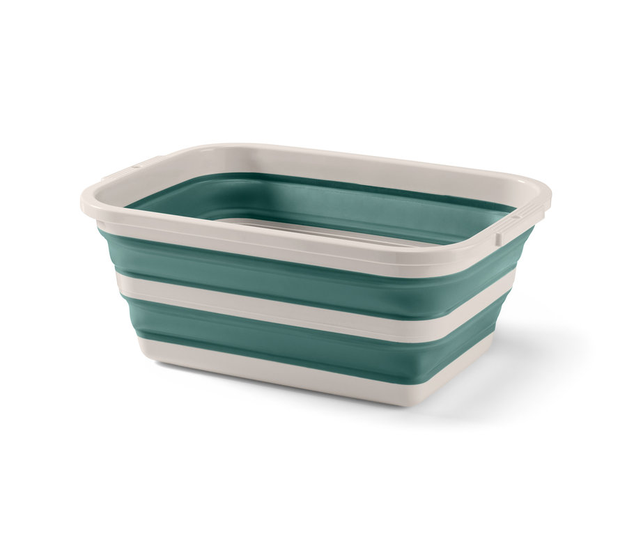Une bassine à linge et à vaisselle pliable en vert et beige.