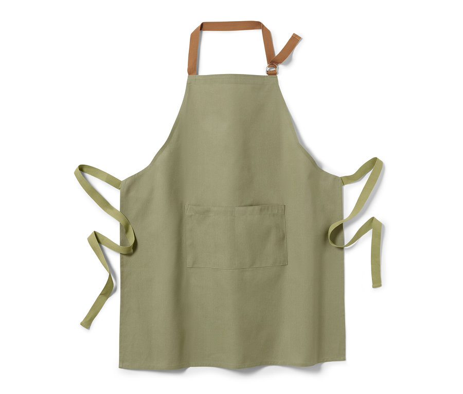 Un tablier de jardin vert avec des bretelles marron et une poche.