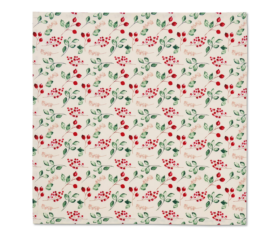 Une nappe en coton avec un motif de baies rouges et de feuilles vertes.