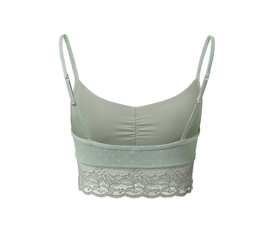 Vue arrière d'une brassière vert clair avec dentelle et fines bretelles.