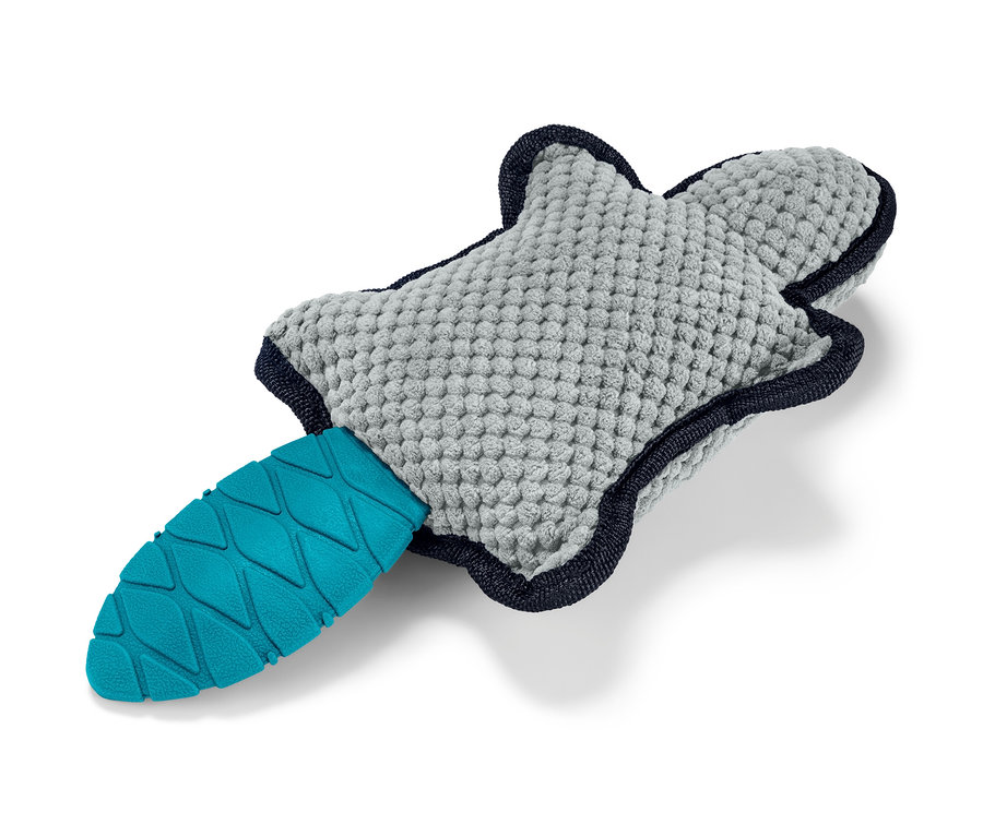 Jouet en peluche pour chien « Castor » gris avec queue bleue.