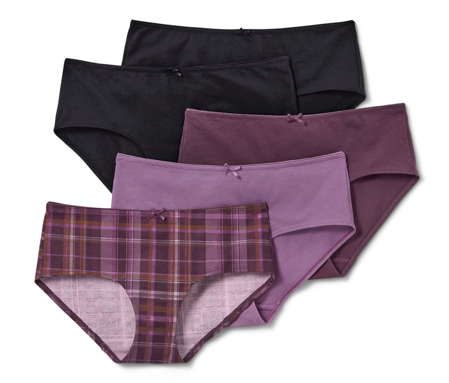 Cinq culottes en noir, violet et à carreaux.