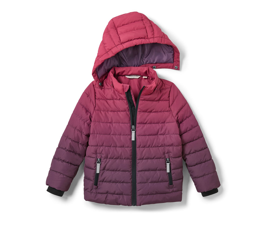 Veste matelassée pour enfant avec capuche, couleur dégradée du violet au rose.