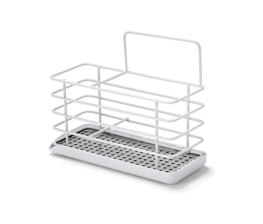 Support en métal blanc pour ustensiles de vaisselle.