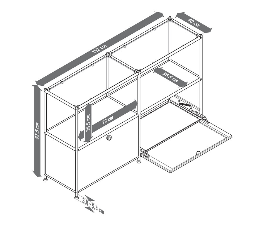 Schéma du buffet en métal « CN3 » à 2 abattants et étagères en verre, taupe.