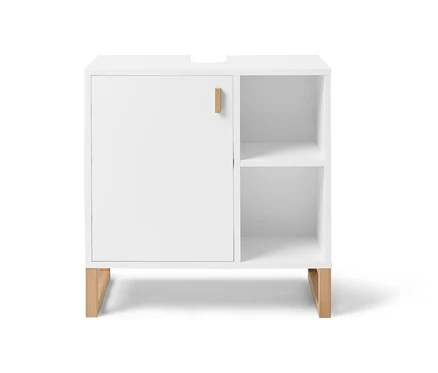Meuble sous lavabo blanc avec porte et rangement latéral.