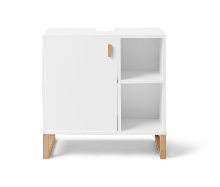 Meuble sous lavabo blanc avec porte et rangement latéral.