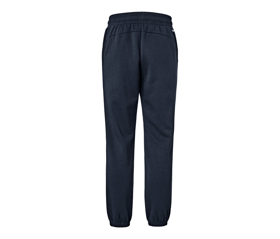 Vue de dos d'un pantalon de survêtement technique bleu foncé.