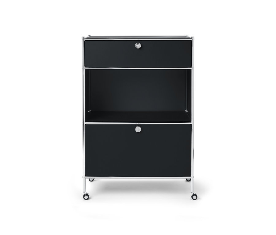 Commode métallique noire « CN3 » avec un tiroir, un compartiment à abattant et un cadre argenté.