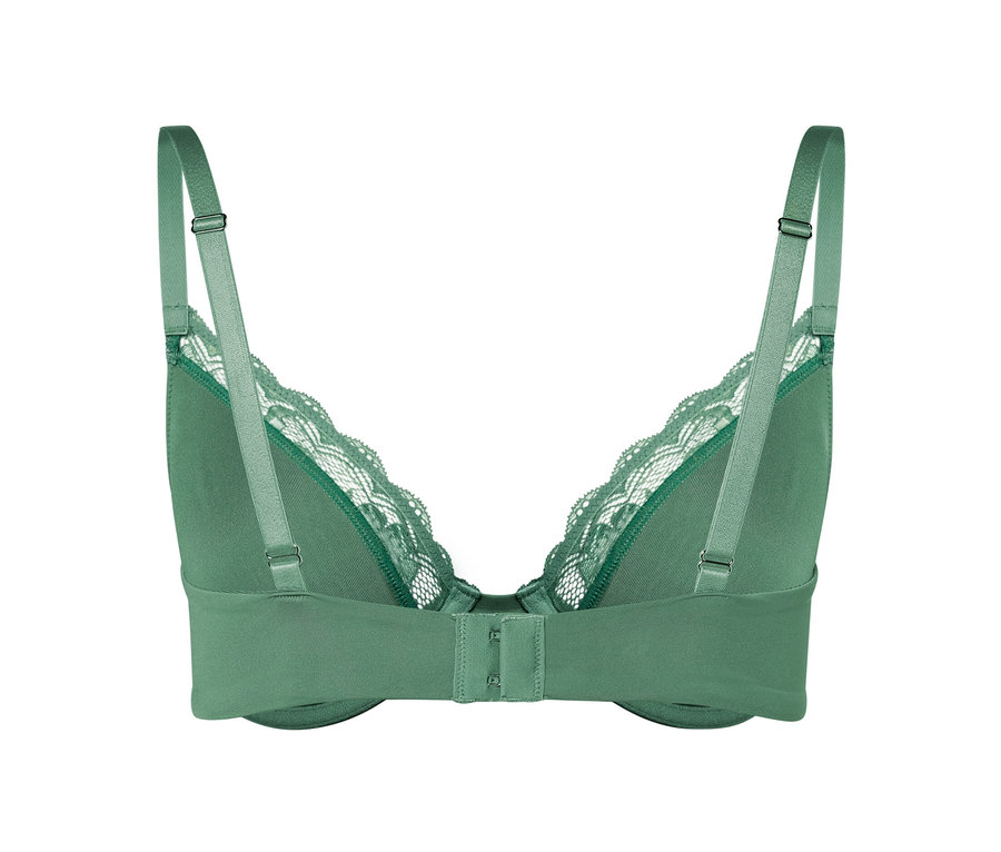 Vue arrière d'un soutien-gorge à armatures vert avec de la dentelle blanche.