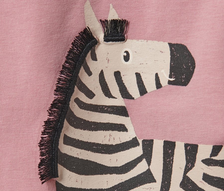 Gros plan sur un t-shirt pour enfant avec un motif zèbre.