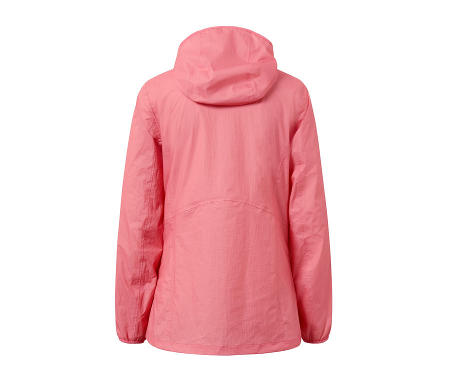 Vue arrière d'une veste de pluie pliable rose.