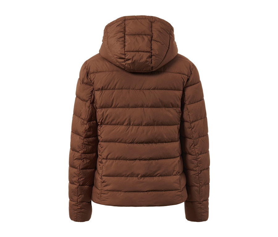 Vue arrière d'une veste matelassée à capuche couleur cognac.