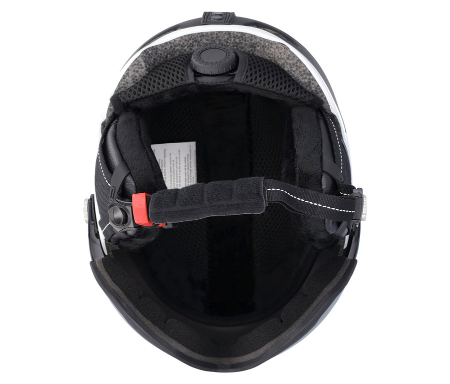 Vue de dessus de l'intérieur d'un casque noir et blanc.