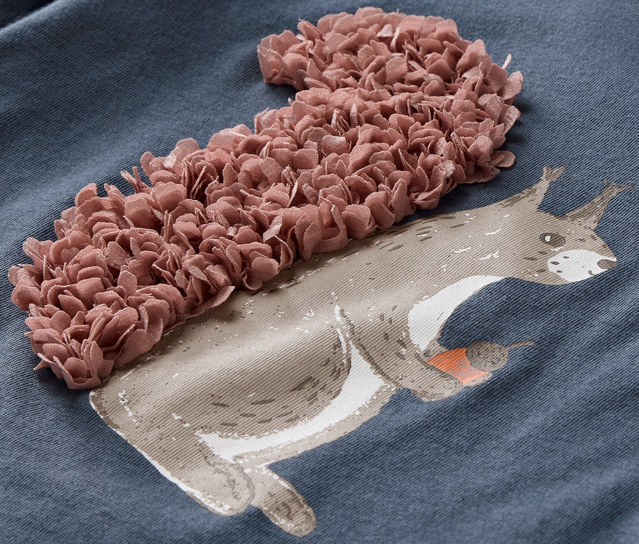Gros plan sur un t-shirt à manches longues bleu avec un motif d'écureuil en 3D.