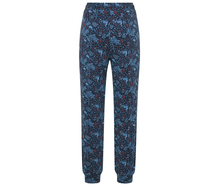 Pantalon de pyjama bleu avec motif d'arbres, de cerfs et de baies.