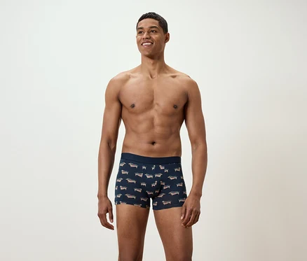 Un homme souriant, torse nu, pose en boxer avec un imprimé teckel.
