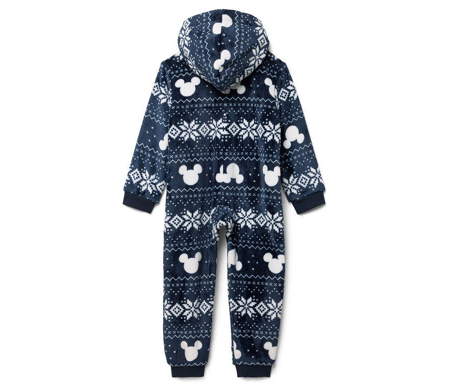 Combinaison bleu marine à capuche avec motif de flocons de neige et Mickey Mouse, vue de dos.