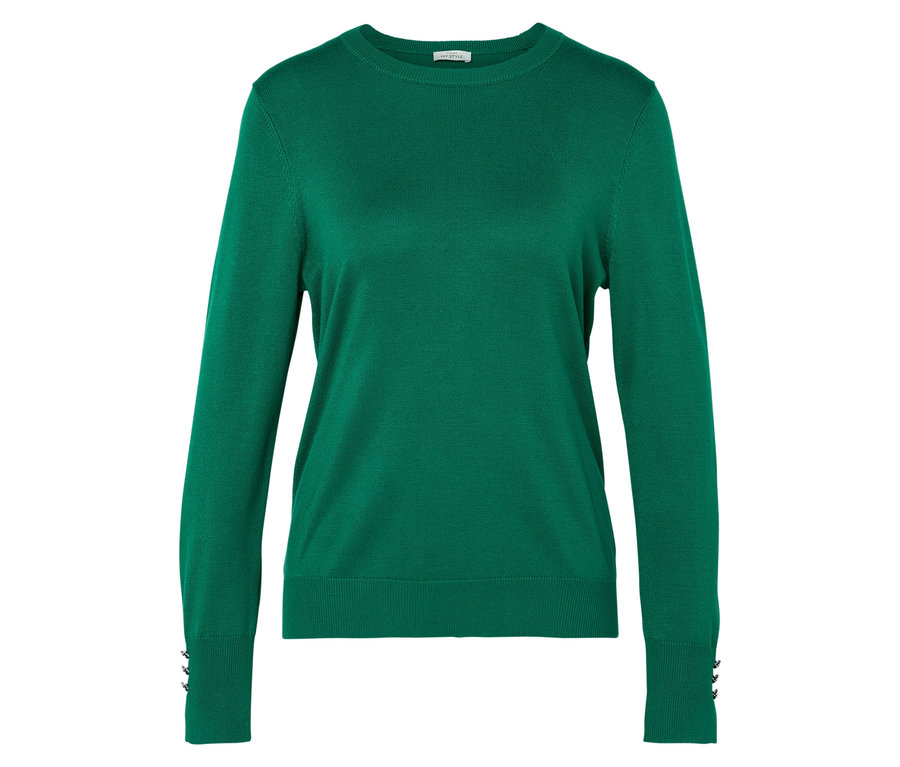 Pull vert à manches longues avec détails de boutons aux poignets.