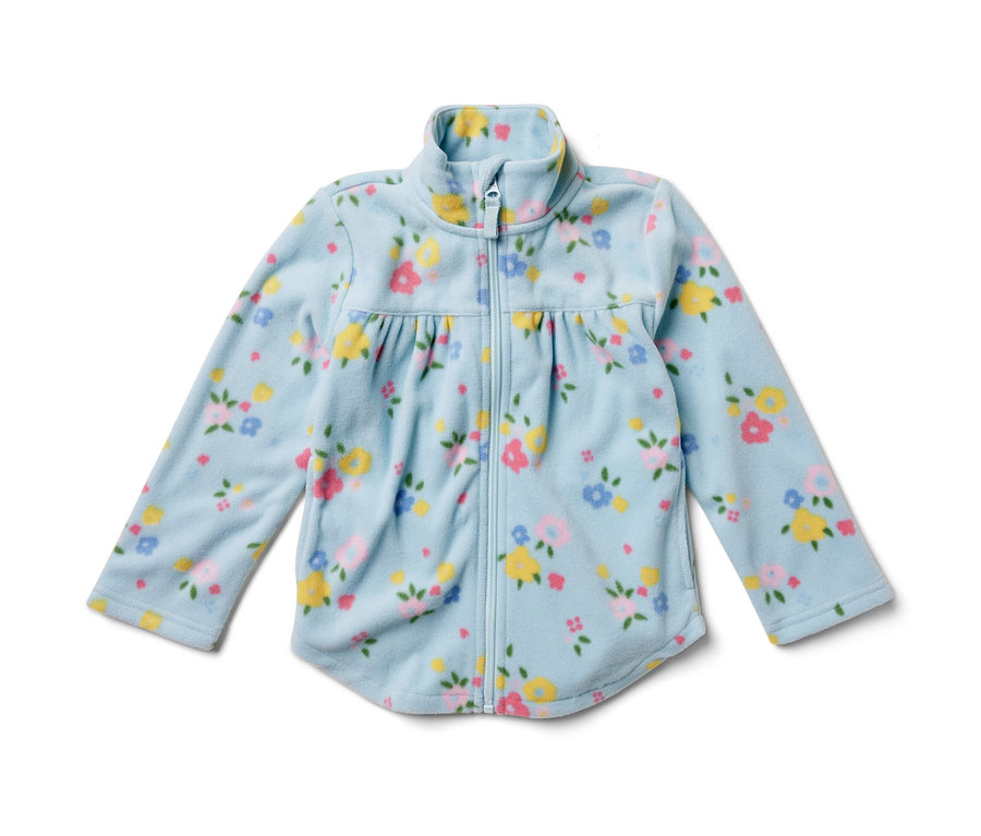 Une veste polaire pour enfant bleu clair avec un motif floral.