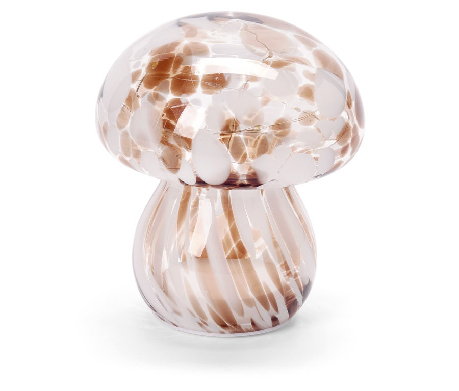 Lampe décorative en verre en forme de champignon avec des taches marron et blanches.