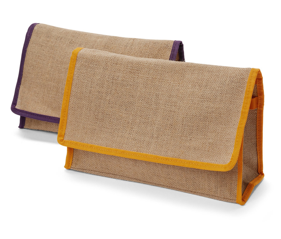 Deux sacs de rangement en tissu épais avec des bordures colorées.