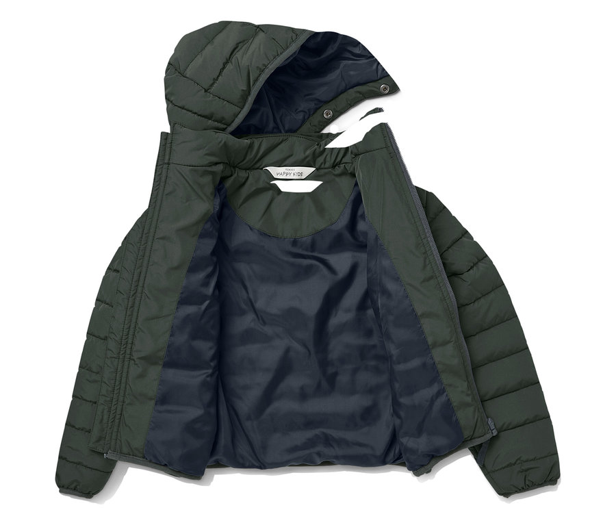 Veste matelassée verte à capuche, ouverte, intérieur bleu foncé.