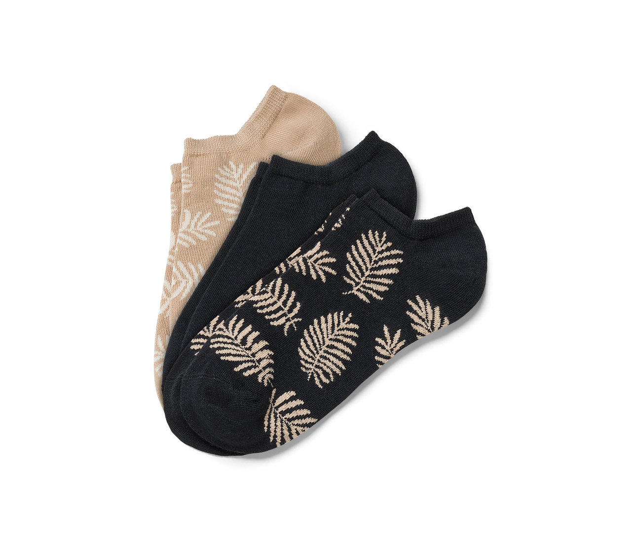 Trois paires de socquettes : beige avec motif de feuilles blanches, noires et noires avec motif de feuilles beige.