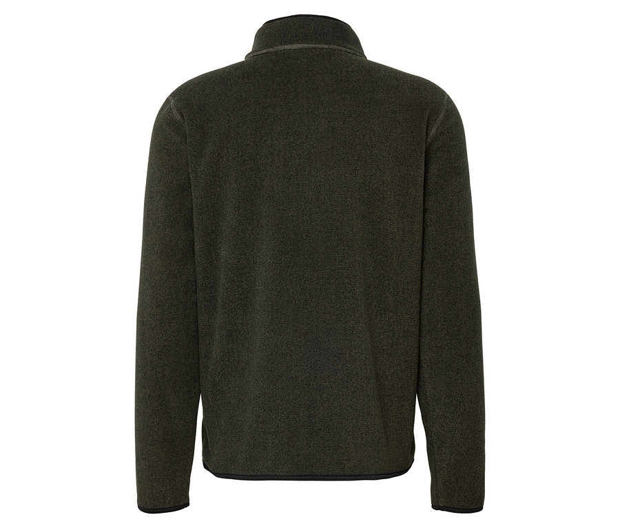 Arrière d'un pull en polaire vert olive avec fermeture éclair au niveau du cou.