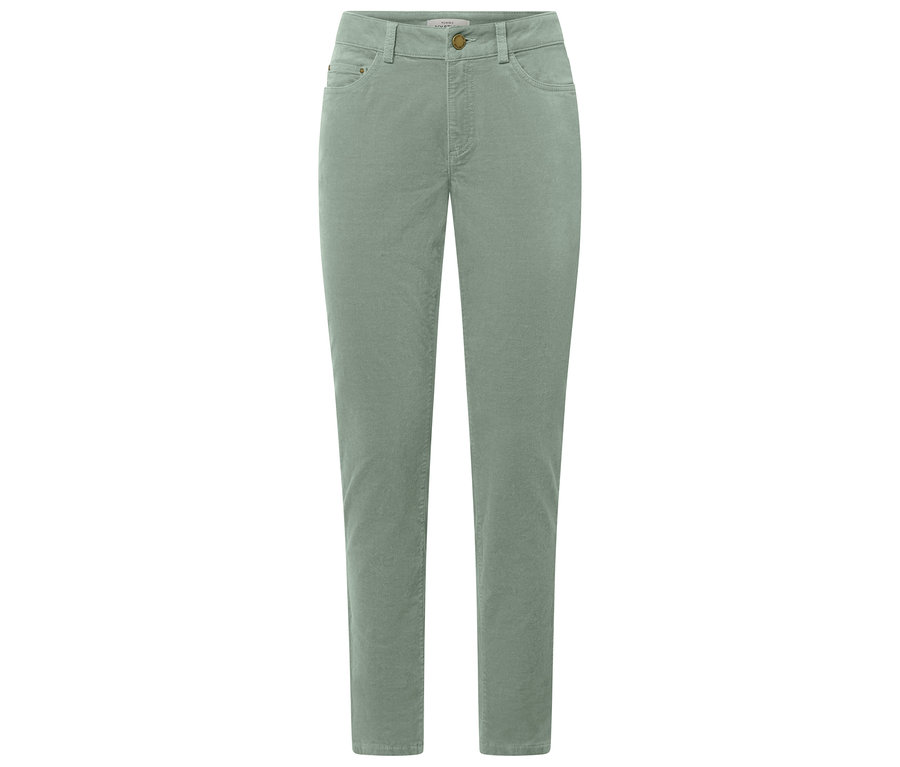 Un pantalon en velours de couleur menthe.