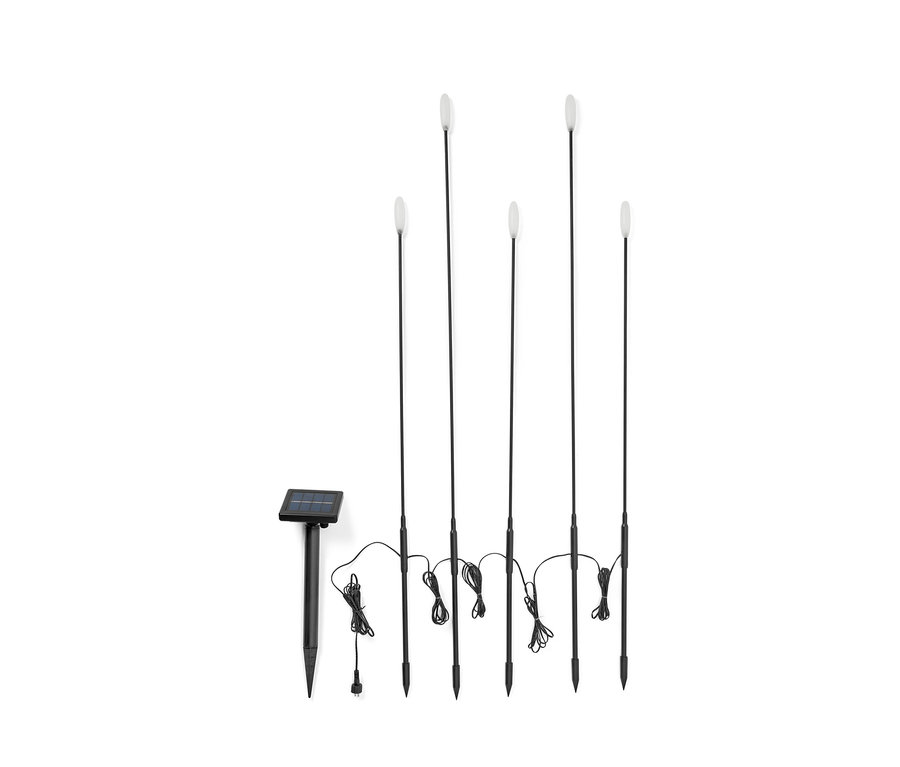 5 piquets à LED solaires noirs sur fond blanc.