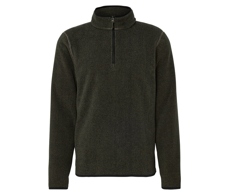Un pull en polaire vert foncé avec une courte fermeture éclair.