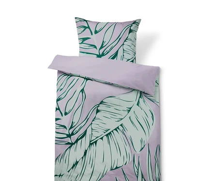 Parure de lit en renforcé lilas avec motif de feuilles vertes.