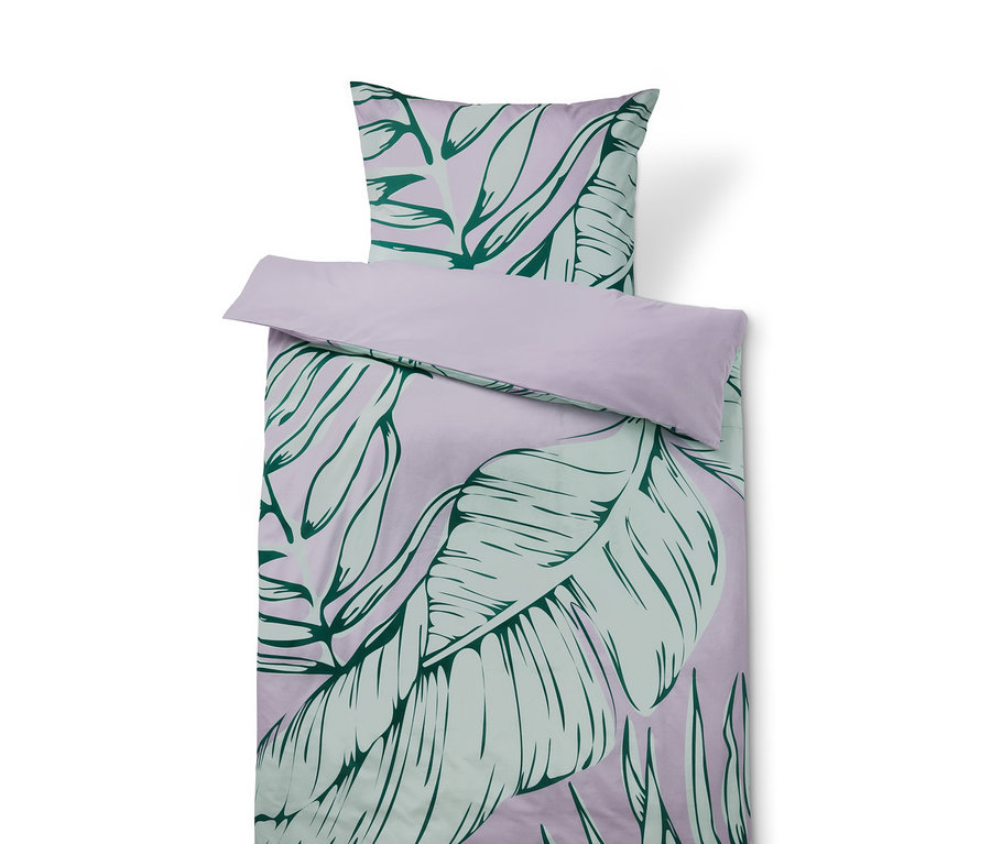 Parure de lit en renforcé lilas avec motif de feuilles vertes.