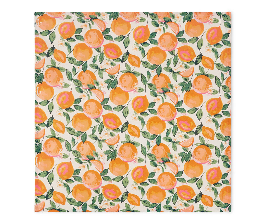 Nappe lavable orange avec motif d'agrumes, env. 90 x 90 cm.