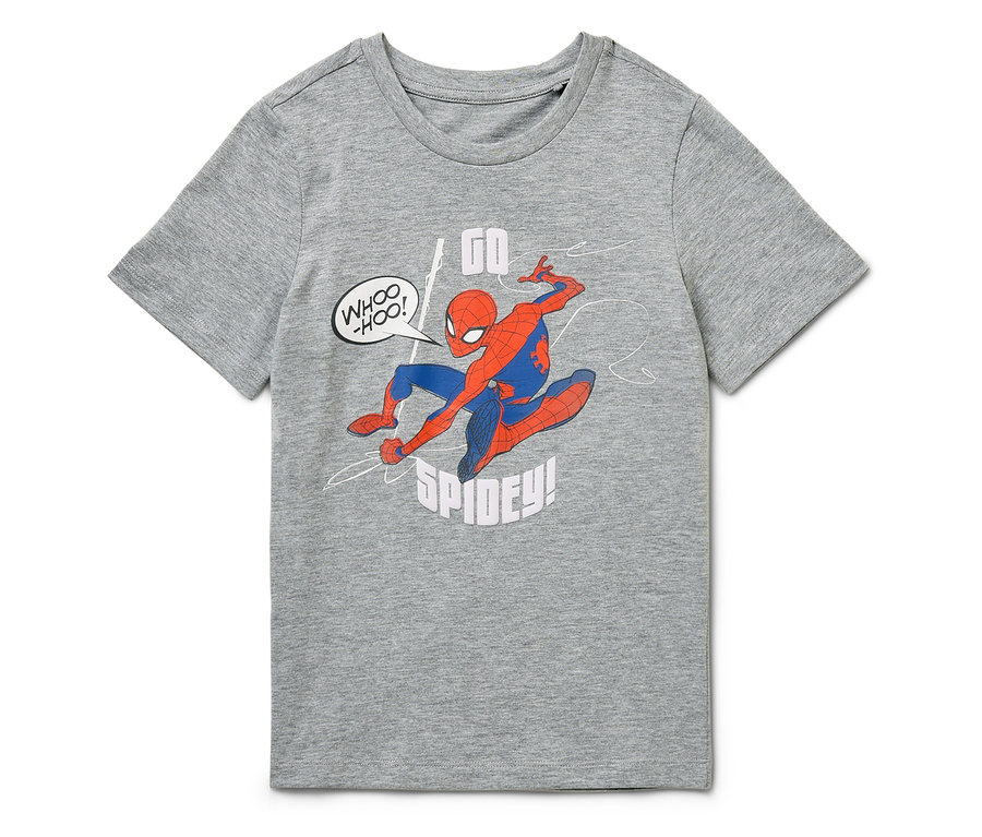 T-shirt gris à manches courtes avec un imprimé Spiderman.