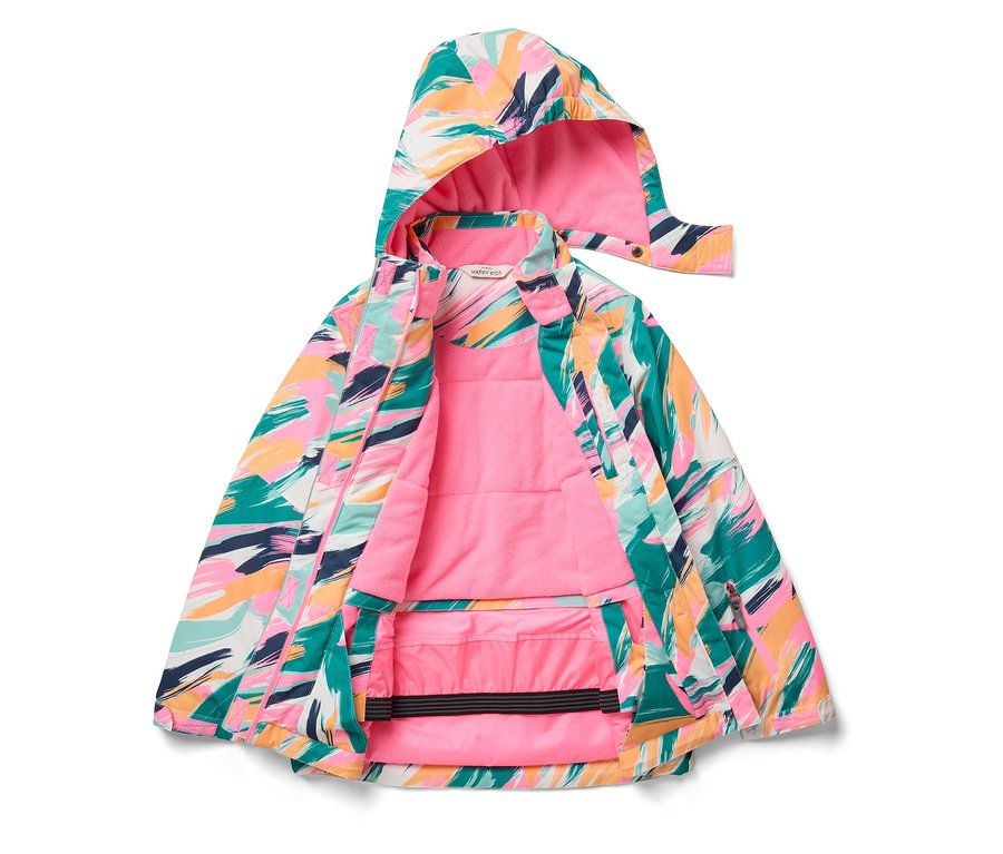 Veste à capuche ouverte avec imprimé couleur abstrait et doublure rose.