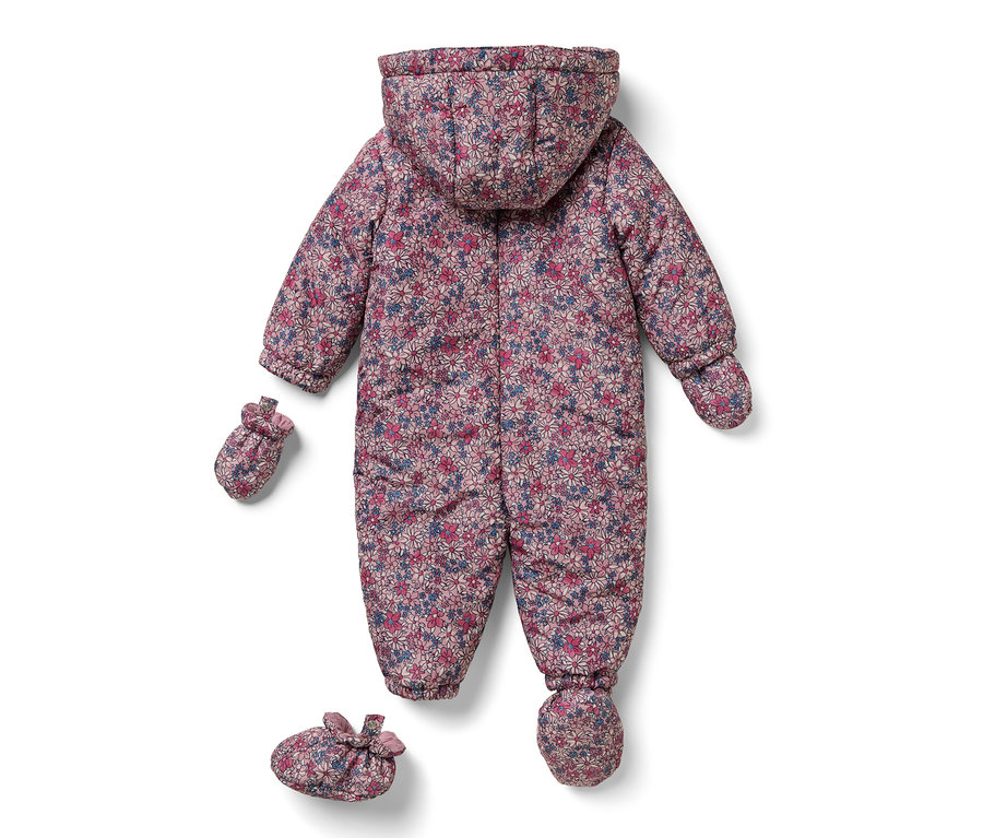 Combinaison de neige pour bébé avec capuche et moufles à motif floral.