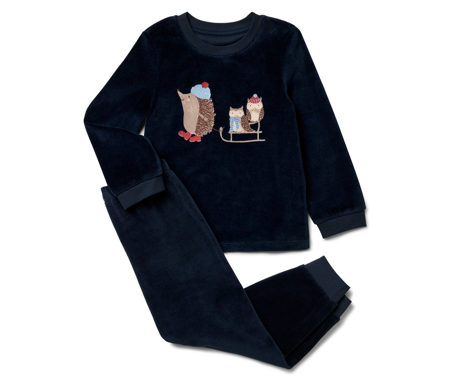 Pyjama bleu en velours avec un hérisson tirant un traîneau avec une chouette.