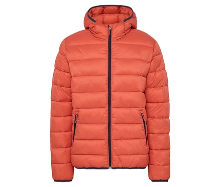 Doudoune orange à capuche avec détails bleu marine.