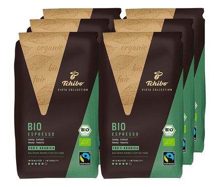 Six paquets de café en grains Vista Collection Bio Espresso – 6x 1 kg.