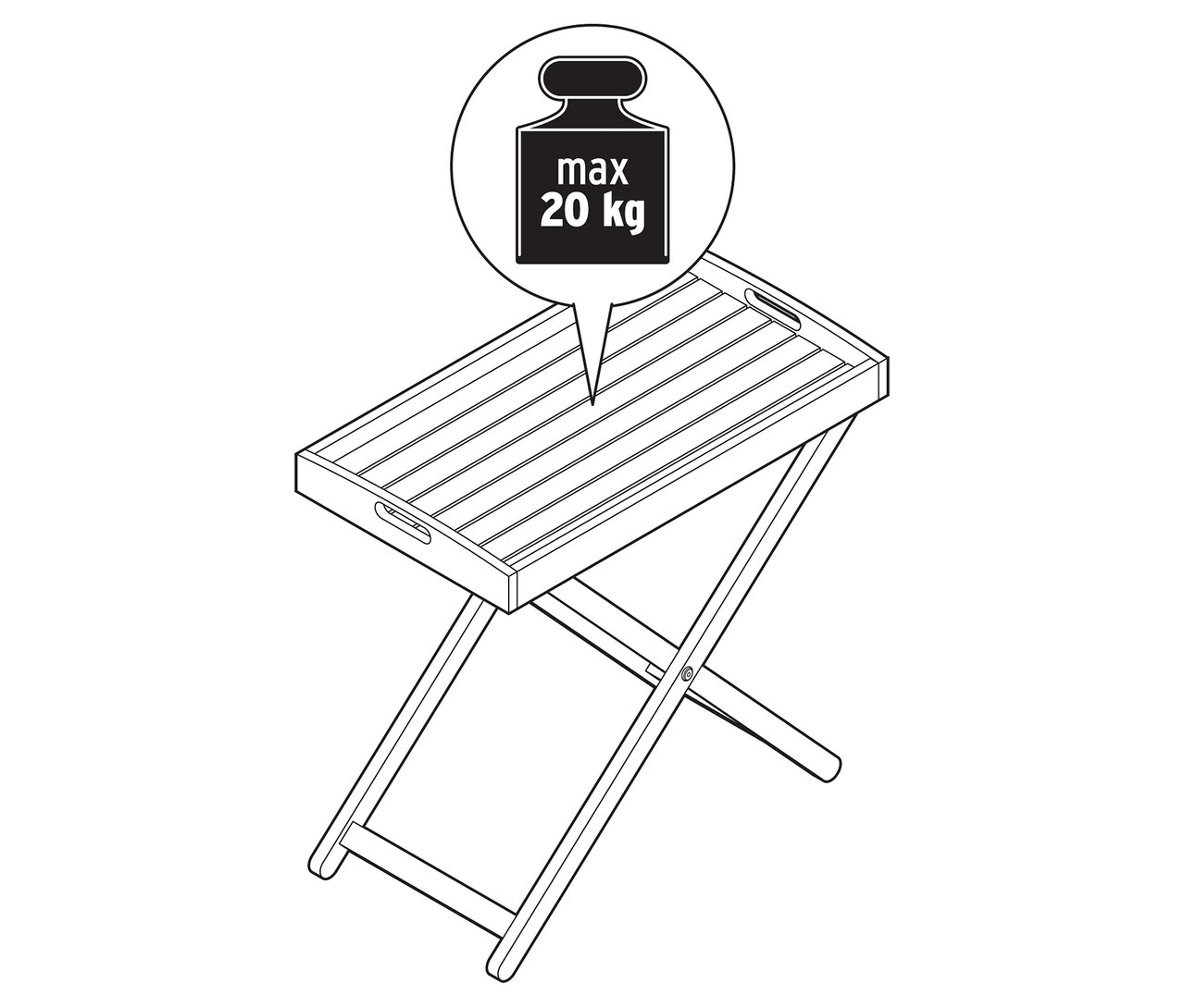 Illustration en noir et blanc d'une table pliante avec une capacité de charge maximale de 20 kg.