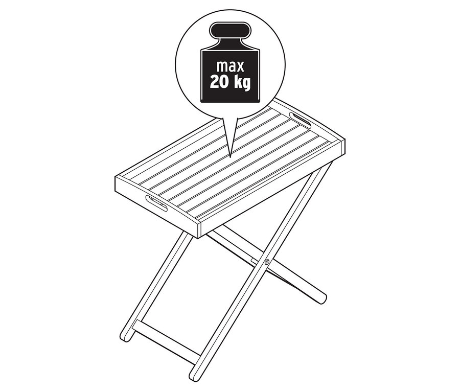 Illustration en noir et blanc d'une table pliante avec une capacité de charge maximale de 20 kg.