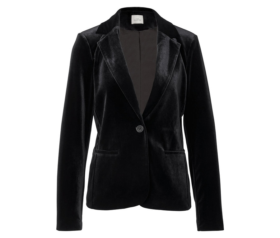 Blazer noir en velours avec un bouton.