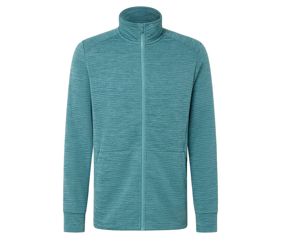 Une veste en polaire aigue-marine avec une fermeture éclair intégrale et un col montant.